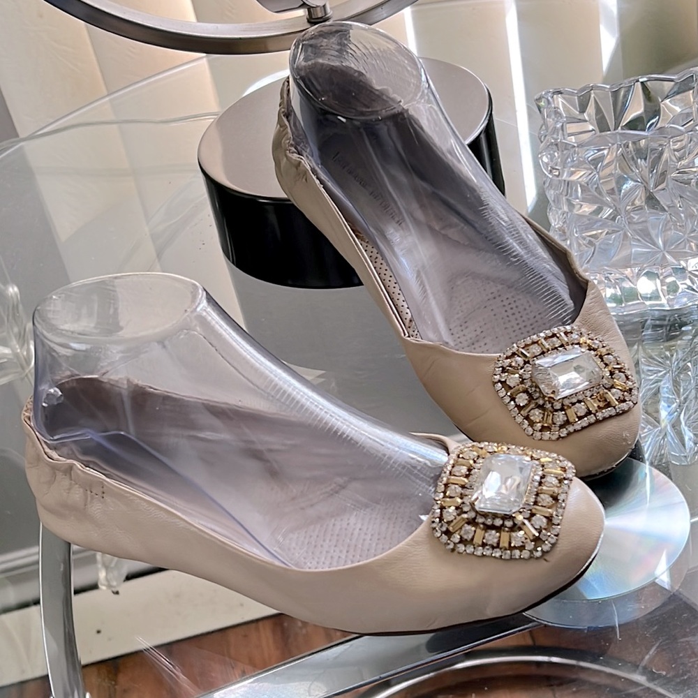 Adrienne Vittadini Tan  Leather Rhinestone Embellished Ballerina Flats Size 6.5